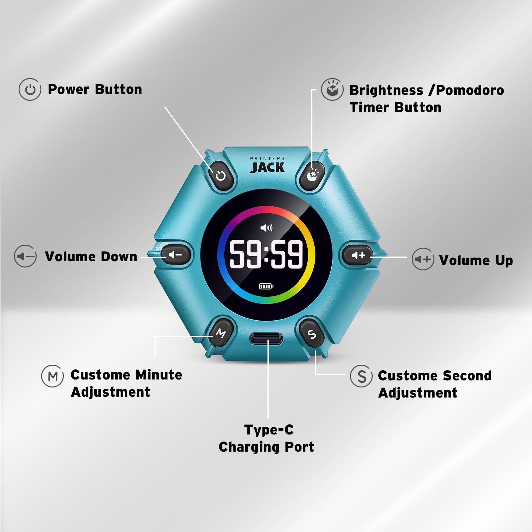 Printers Jack timer recharges via USB-C and works while charging