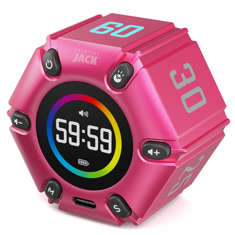 Printers Jack Visual Pomodoro Timer front view with tomato button for focused work sessions