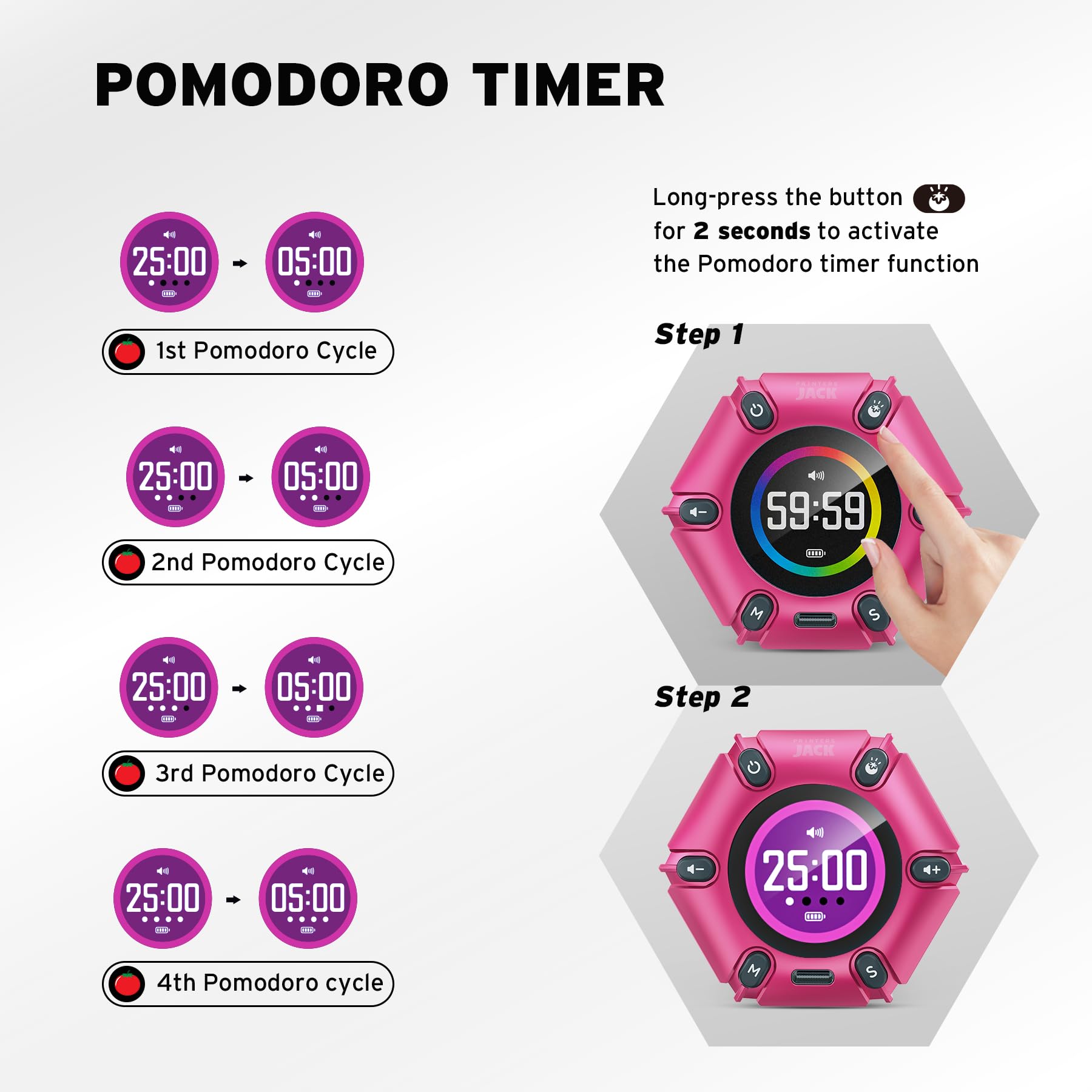 Printers Jack Visual Pomodoro Timer side profile highlighting compact design for portability