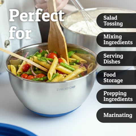Priority Chef blue bowls suitable for prepping and serving family meals.