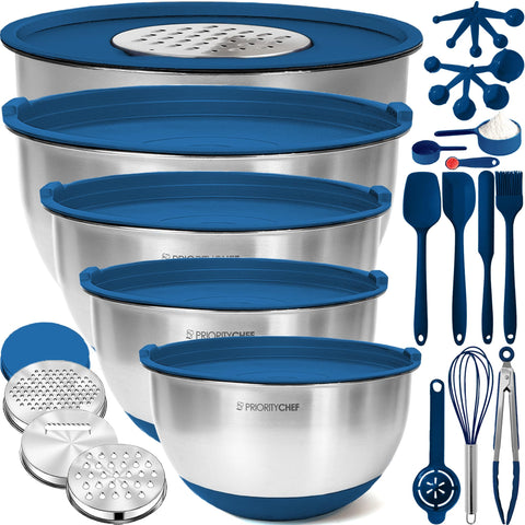 Priority Chef blue stainless steel mixing bowls with lids keep ingredients fresh and organized.