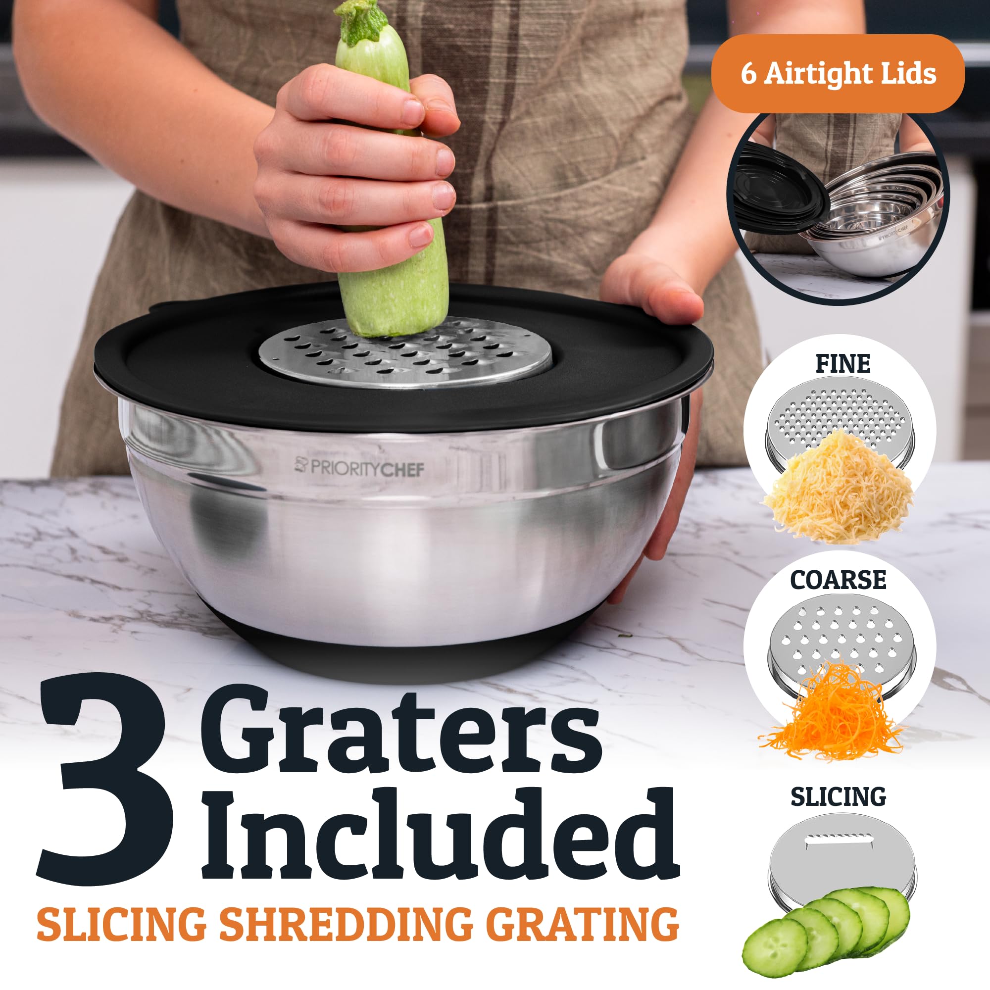 Priority Chef bowl grater attachments speed slicing directly into bowls.