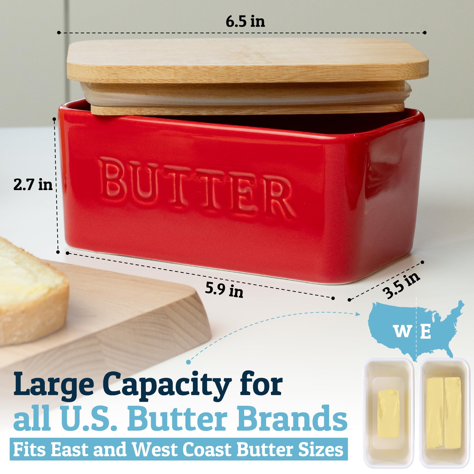 Close-up on Priority Chef butter dish lid and ceramic base