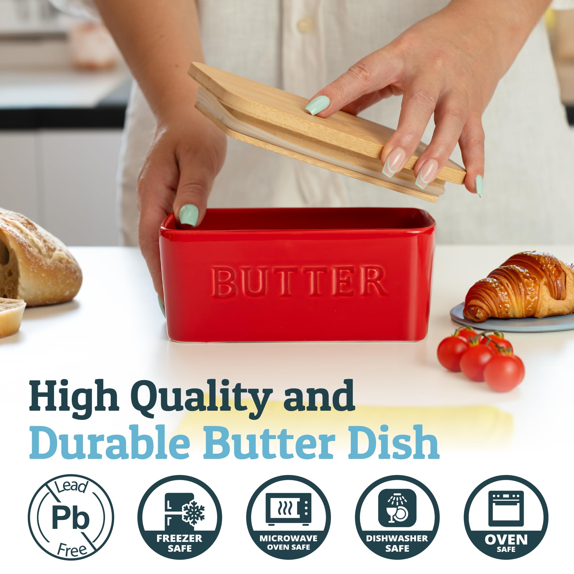 Priority Chef ceramic butter dish resting on kitchen countertop