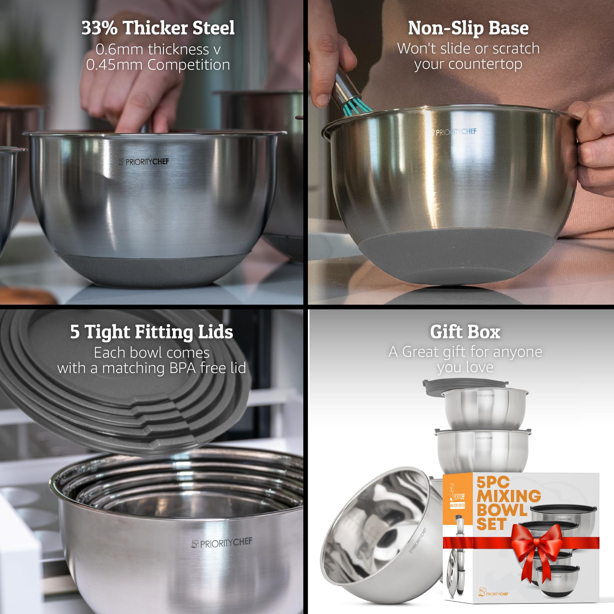 Priority Chef bowls with etched measurements simplify precise ingredient prep.