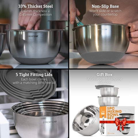 Priority Chef bowls with etched measurements simplify precise ingredient prep.