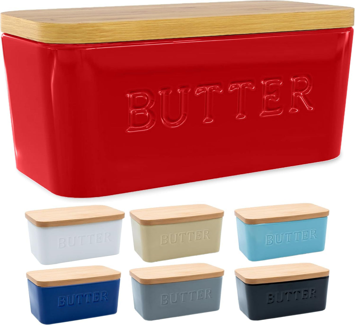 Priority Chef extra large butter dish in red ceramic on countertop for easy access