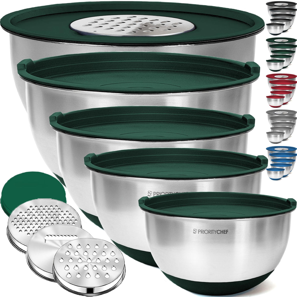 Priority Chef green stainless steel bowls with lids, ready for prep and freshness.