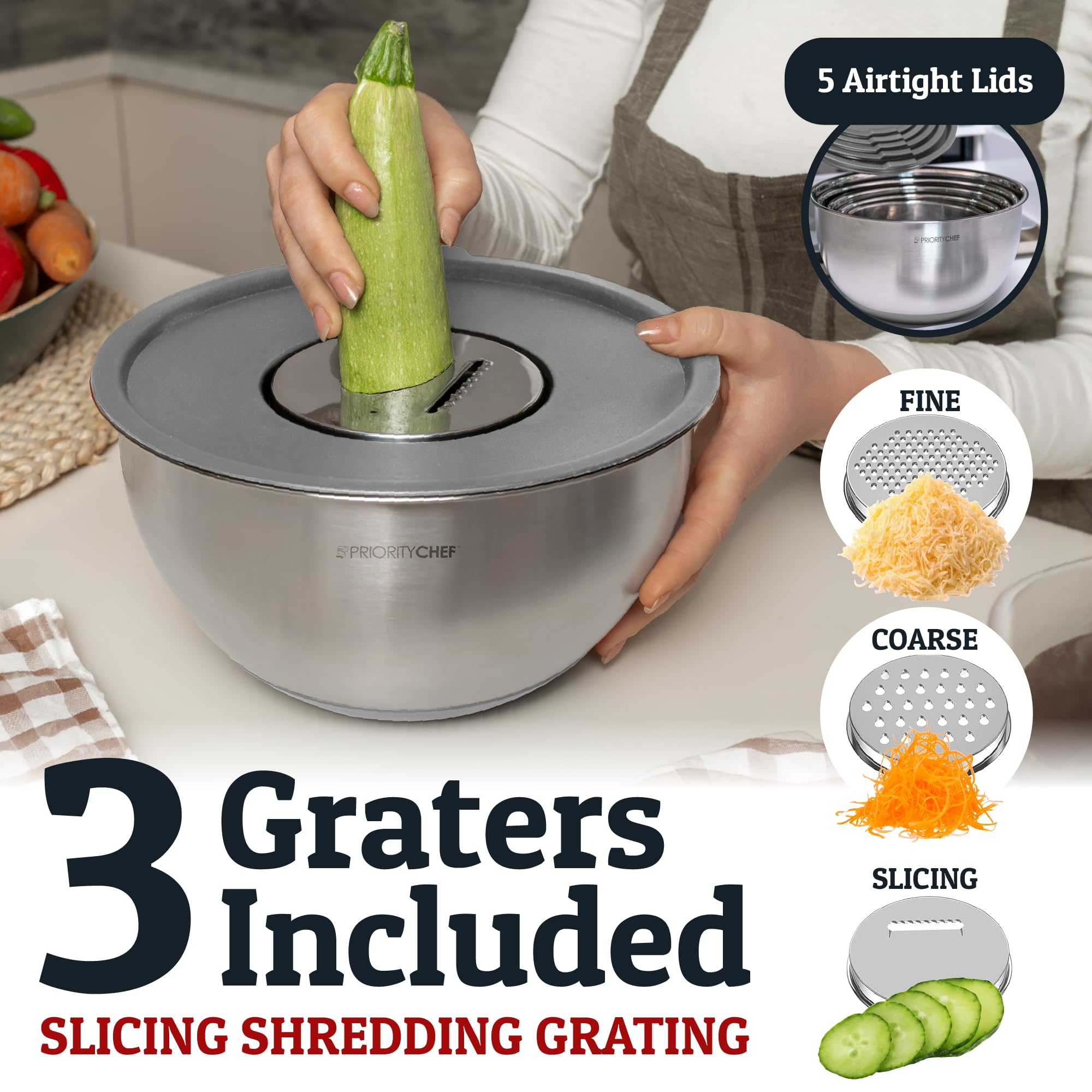 Priority Chef bowls show inner measurement marks for precise mixing.