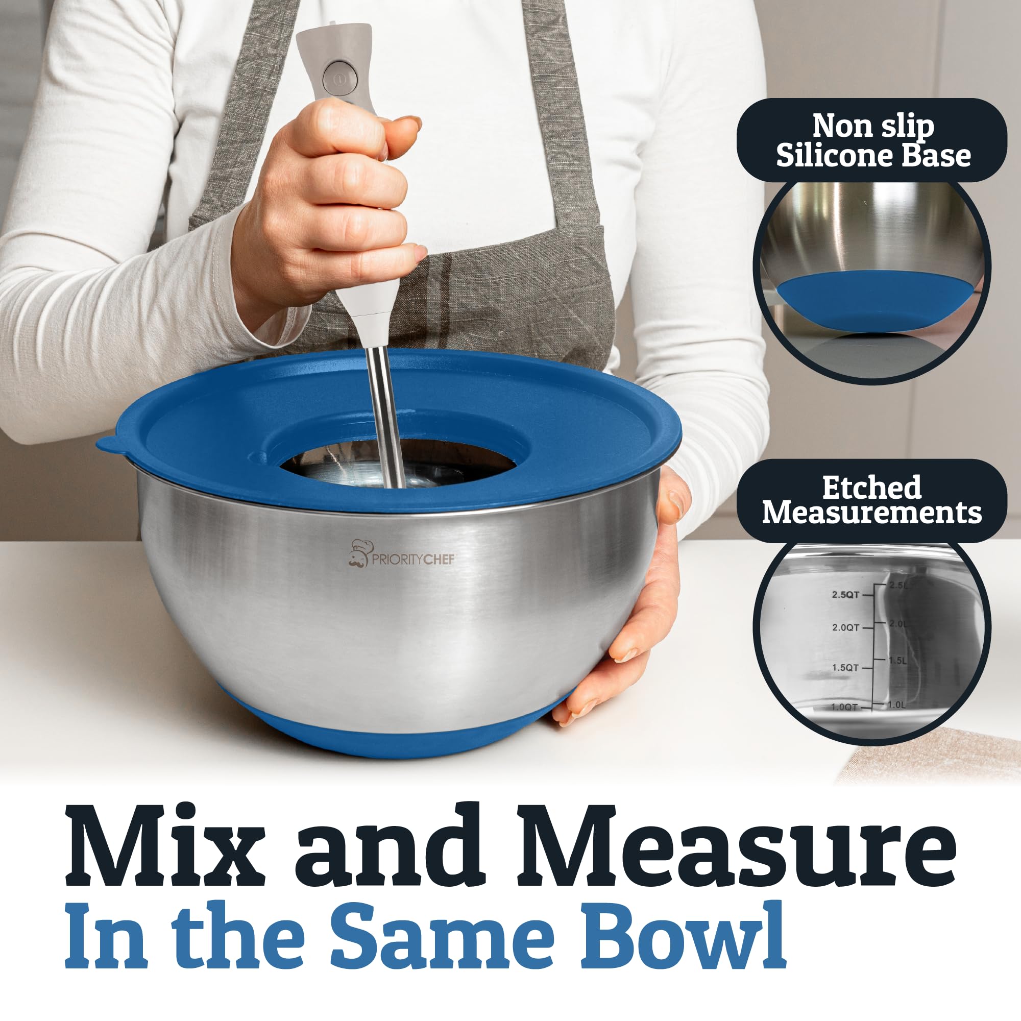 Priority Chef bowls feature inside measurement marks for precise mixing.