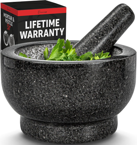 Priority Chef large granite mortar and pestle with 4-cup capacity on the counter.