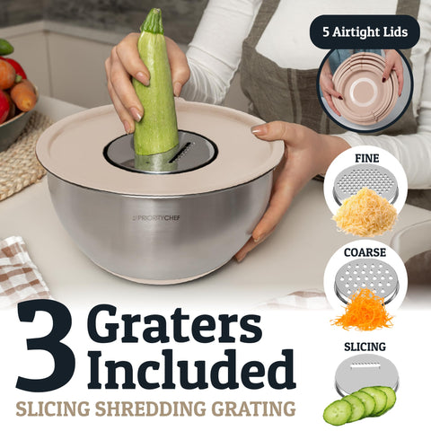 Priority Chef bowls feature grater attachments for direct shredding in the bowl.