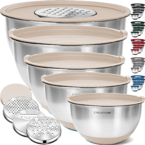 Priority Chef mixing bowls with lids in khaki, ideal for prep and airtight storage.