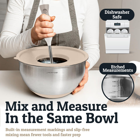 Priority Chef bowls reveal interior measurement marks for precise prep tasks.