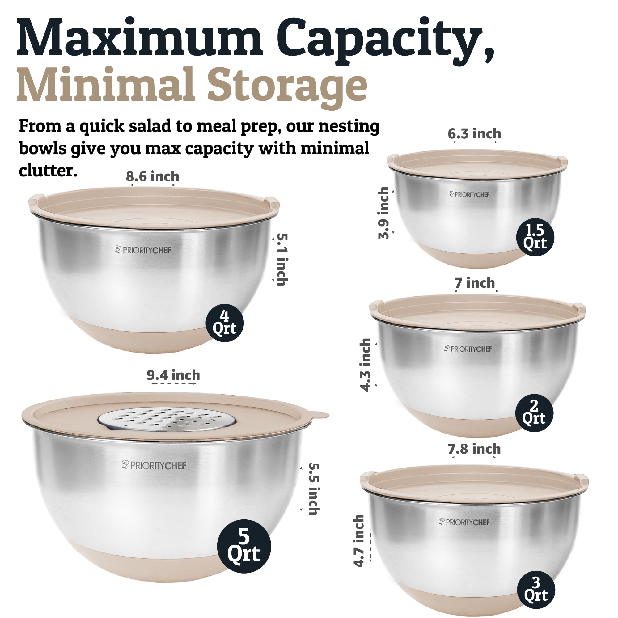 Priority Chef bowls shown with non-slip silicone base for stable mixing.