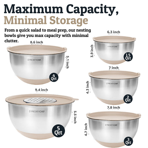 Priority Chef bowls shown with non-slip silicone base for stable mixing.
