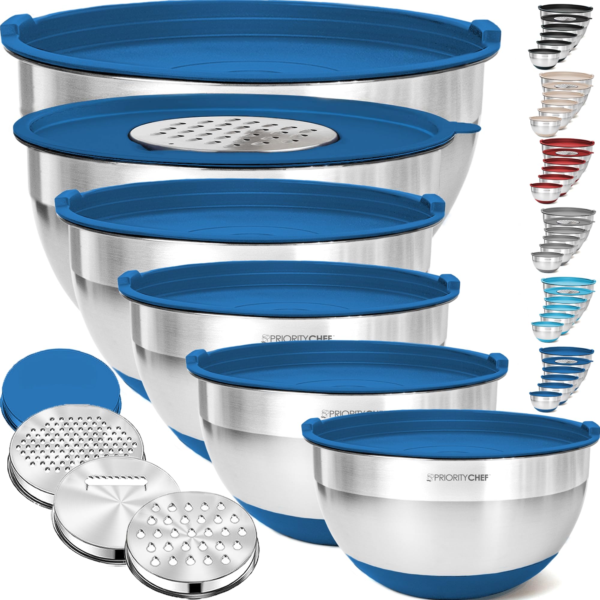 Priority Chef mixing bowls with lids set in blue for versatile kitchen prep.