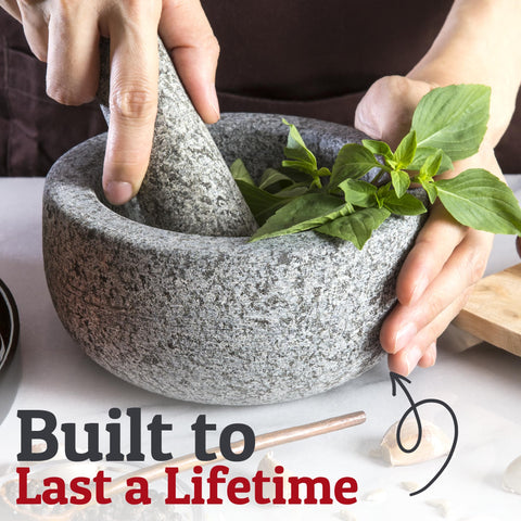 Priority Chef mortar and pestle close-up highlights durable granite texture for grinding.
