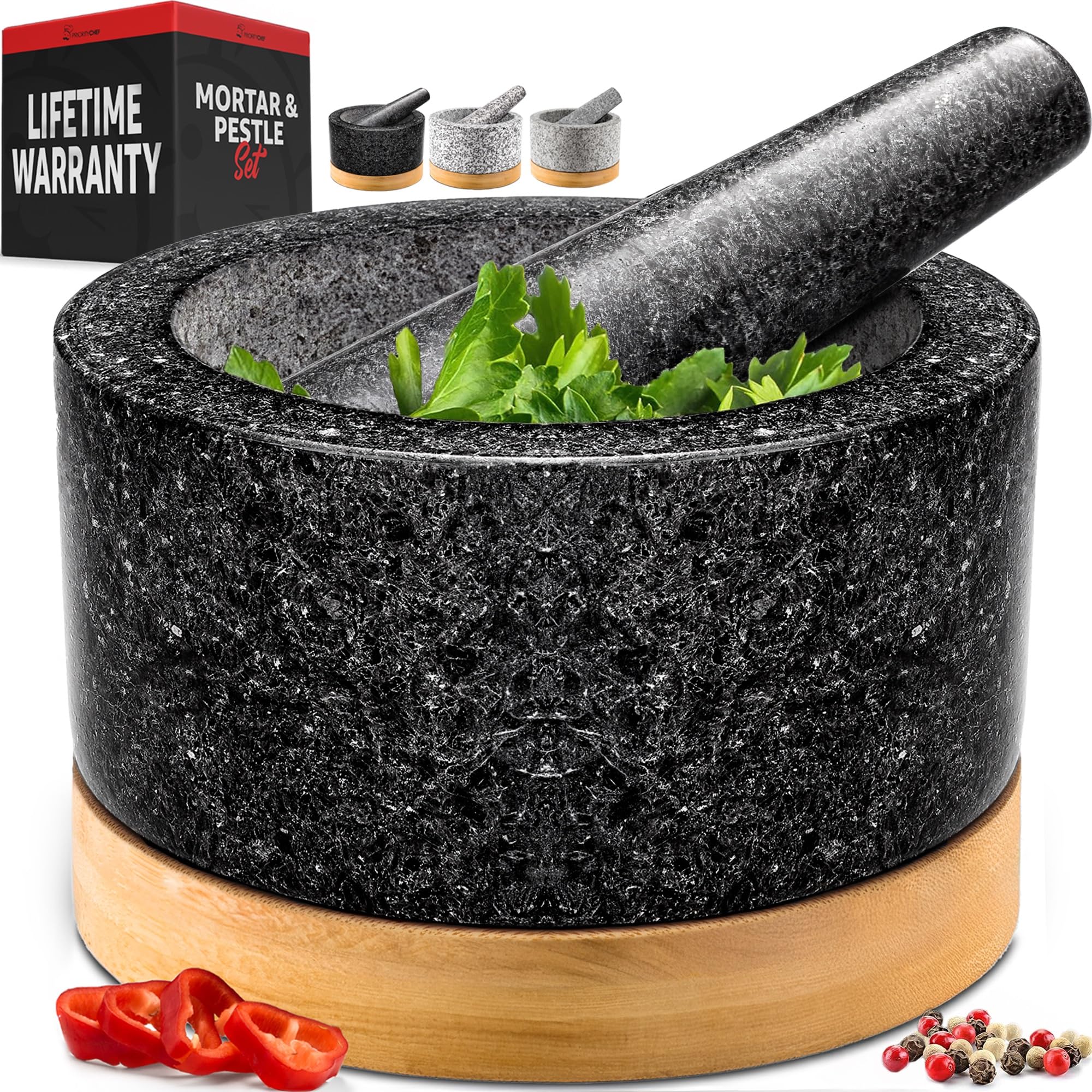 Priority Chef mortar and pestle set with black base for durable grinding and rustic style.