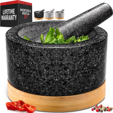 Priority Chef mortar and pestle set with black base for durable grinding and rustic style.