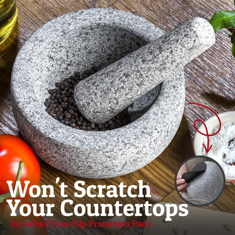 Priority Chef mortar-pestle grinding herbs for pesto and spices