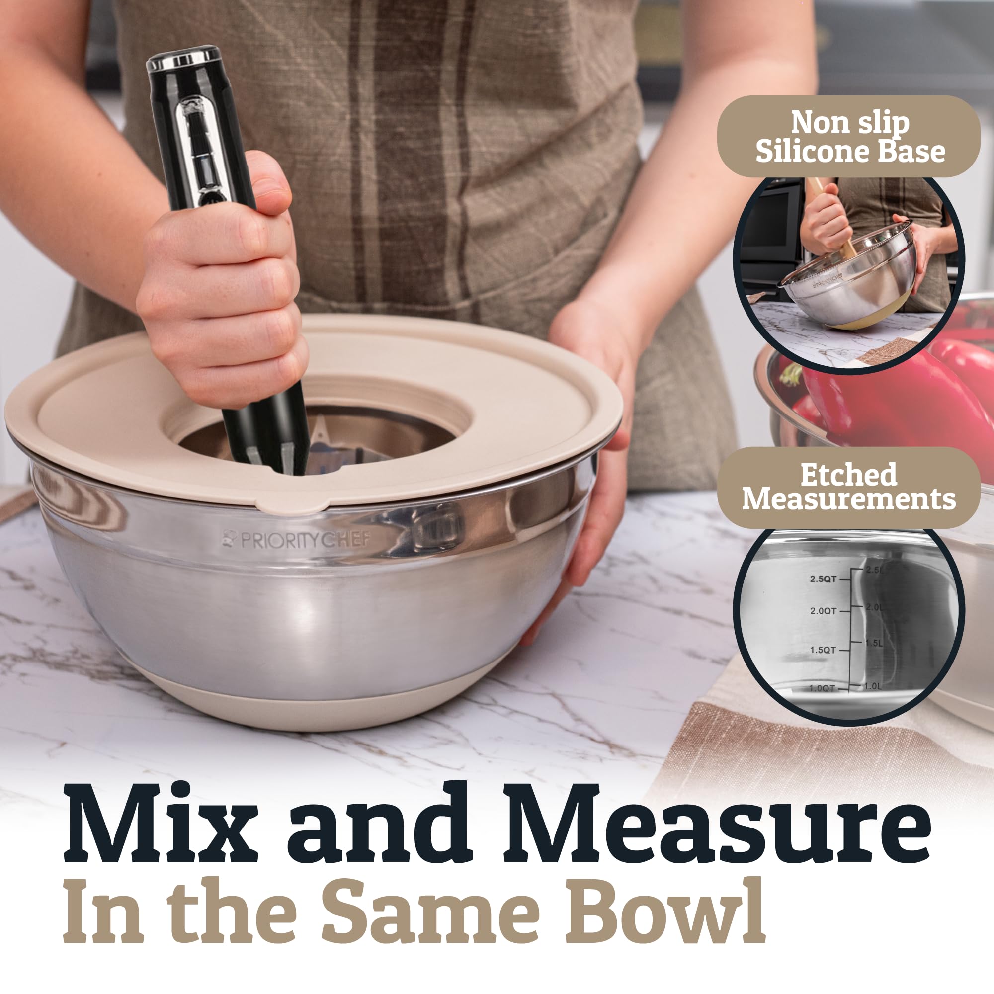 Priority Chef nesting bowls with fitted lids save space in compact kitchens.