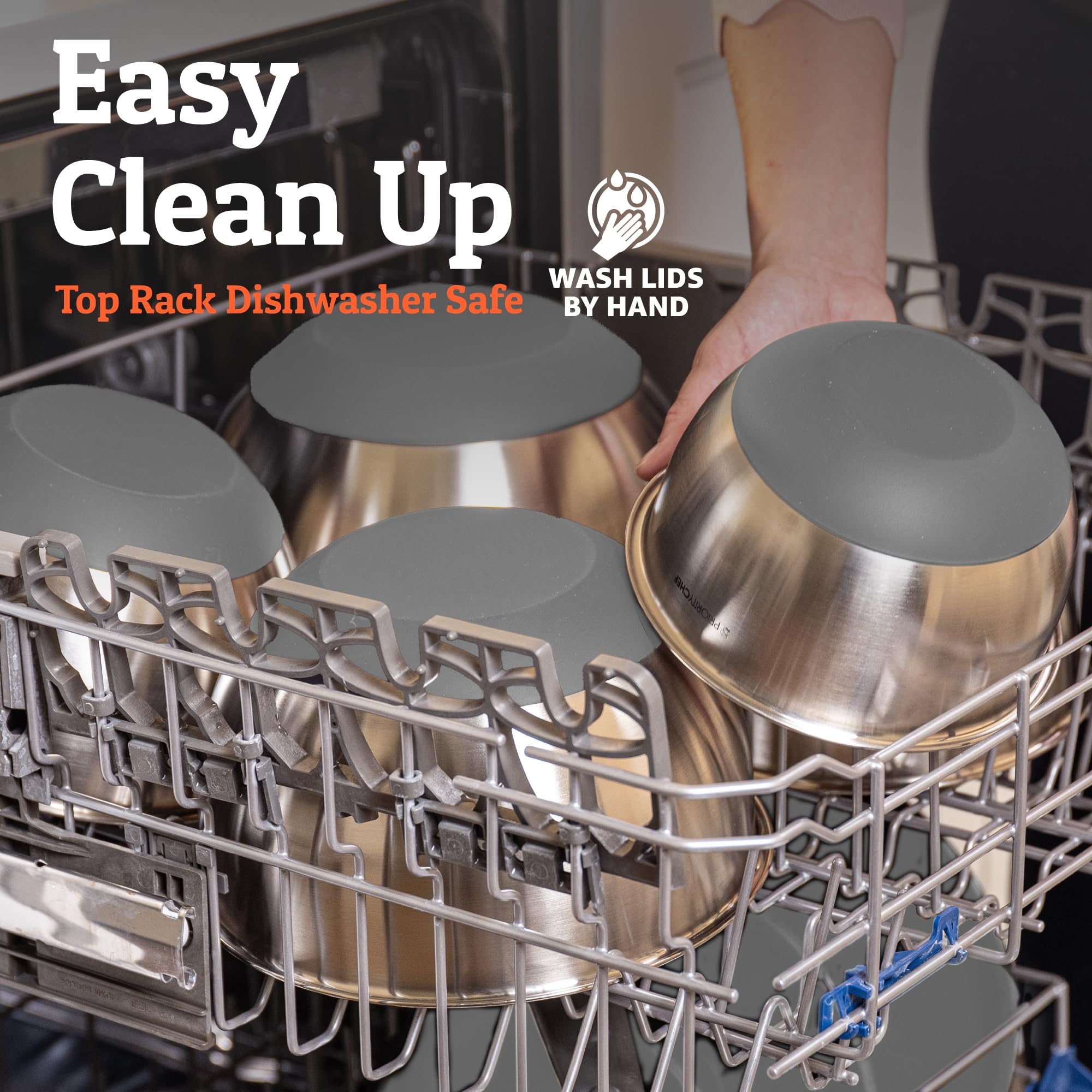 Priority Chef nesting design saves space when storing bowls and lids.