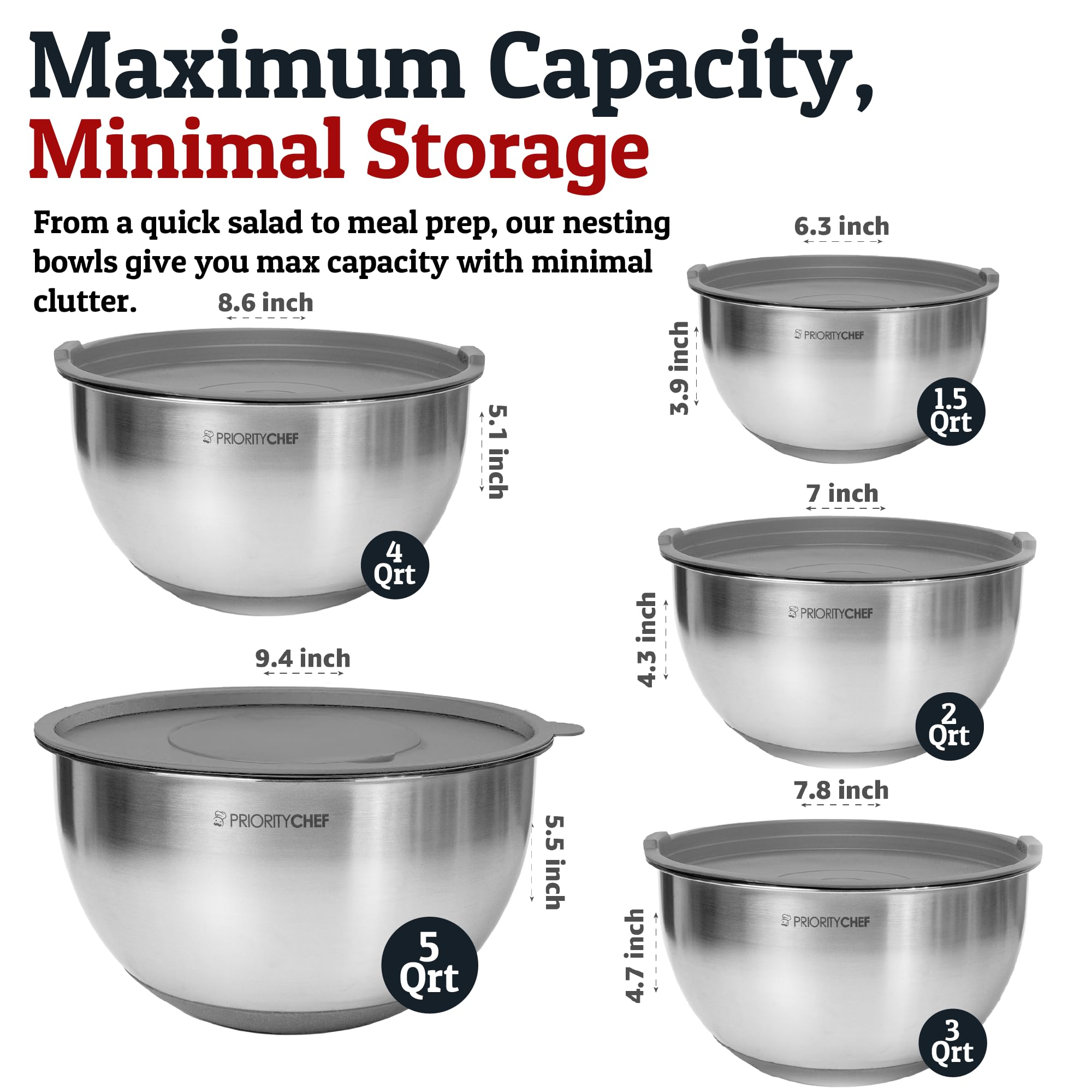 Priority Chef bowls feature a non-slip base for steady prep.