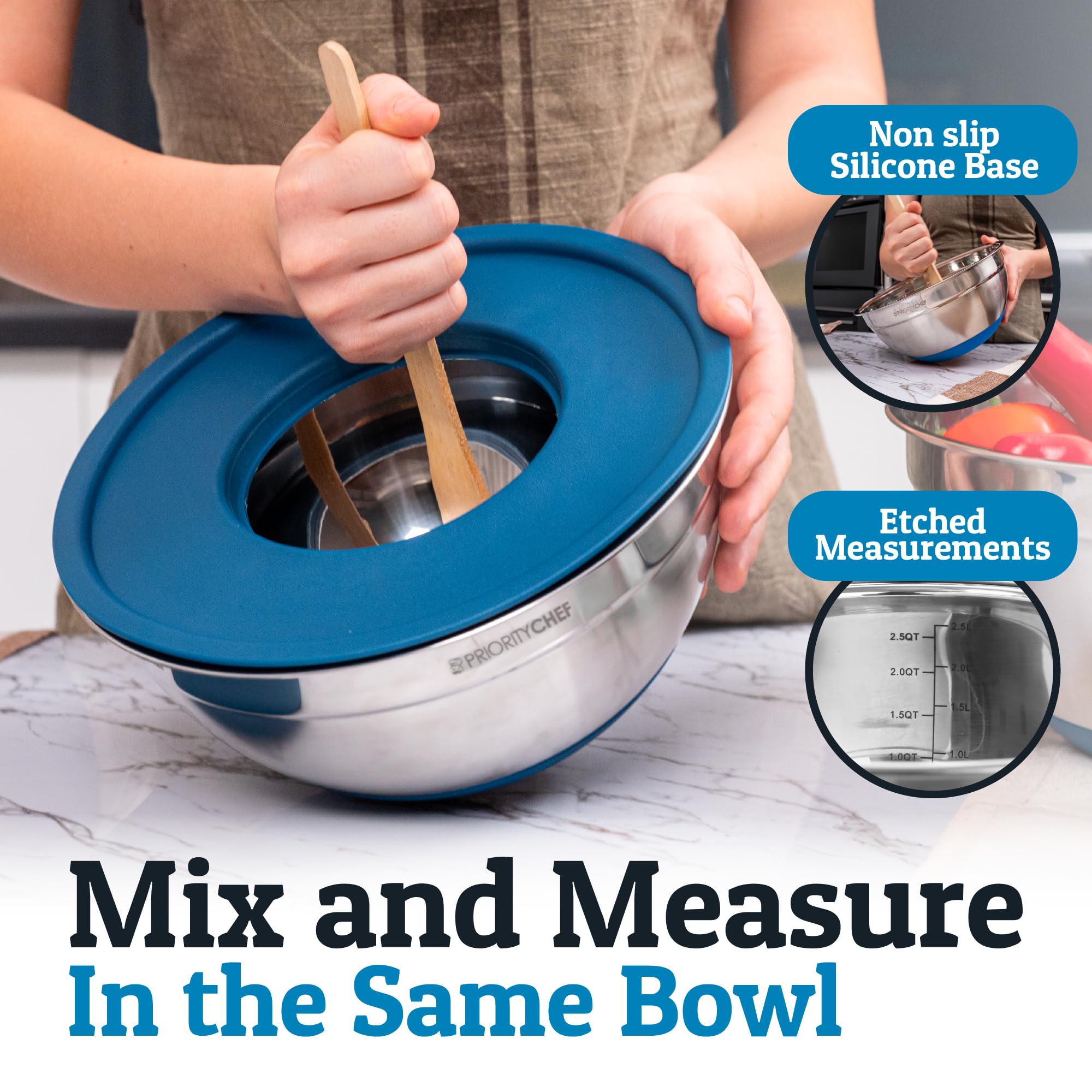 Priority Chef bowls with non-slip bases stay steady while mixing.
