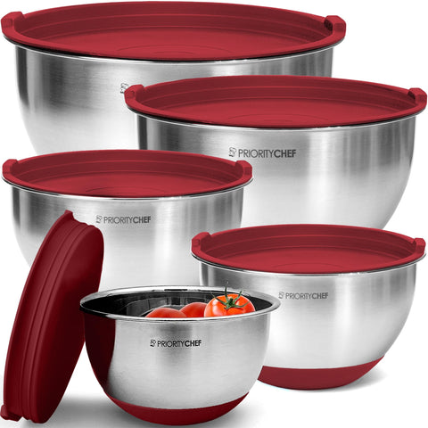 Priority Chef premium mixing bowls in red with lids, 1.5 qt, ideal for prep and storage.