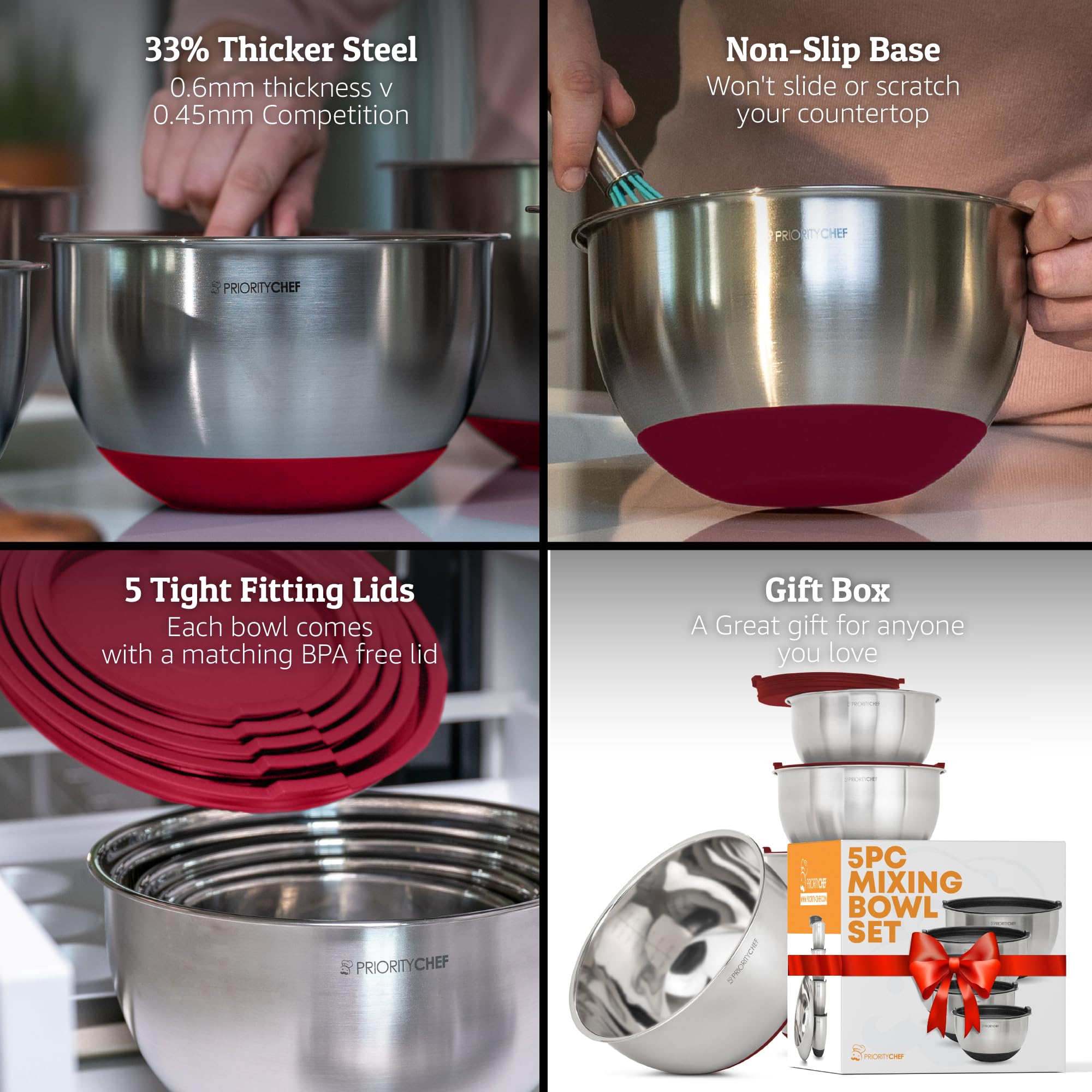 Priority Chef premium mixing bowls in red with lids, 2 qt, durable and easy to clean.