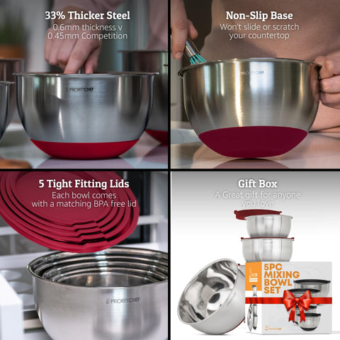 Priority Chef premium mixing bowls in red with lids, 2 qt, durable and easy to clean.