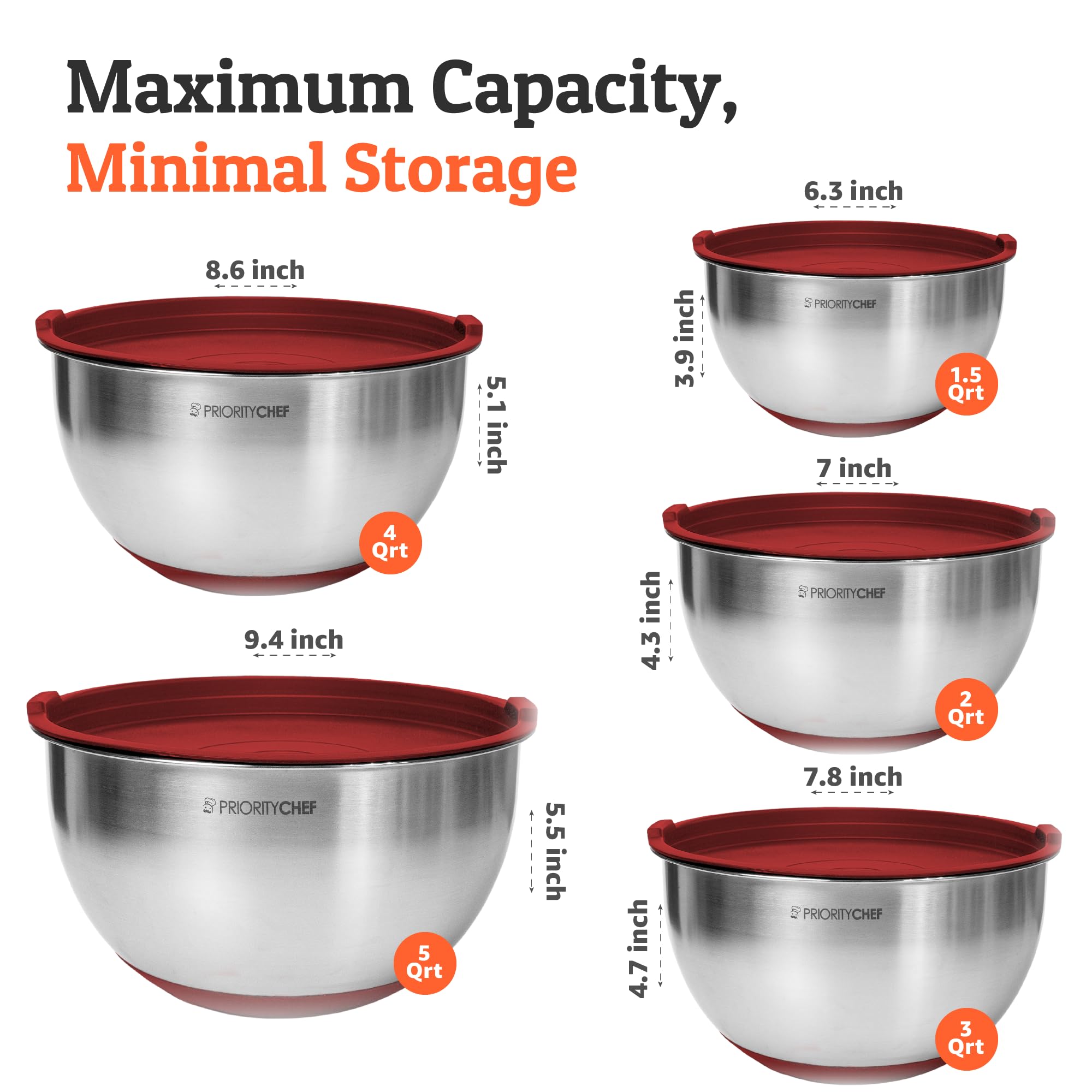 Priority Chef premium mixing bowls in red with lids, 3 qt, ideal for batching and mixing.