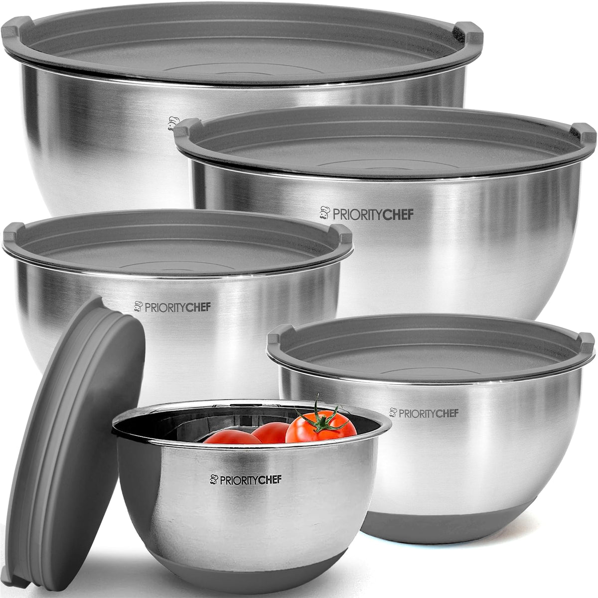 Priority Chef premium mixing bowls in grey with five sizes for versatile meal prep.