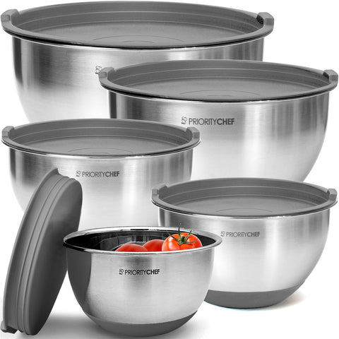 Priority Chef premium mixing bowls in grey with five sizes for versatile meal prep.