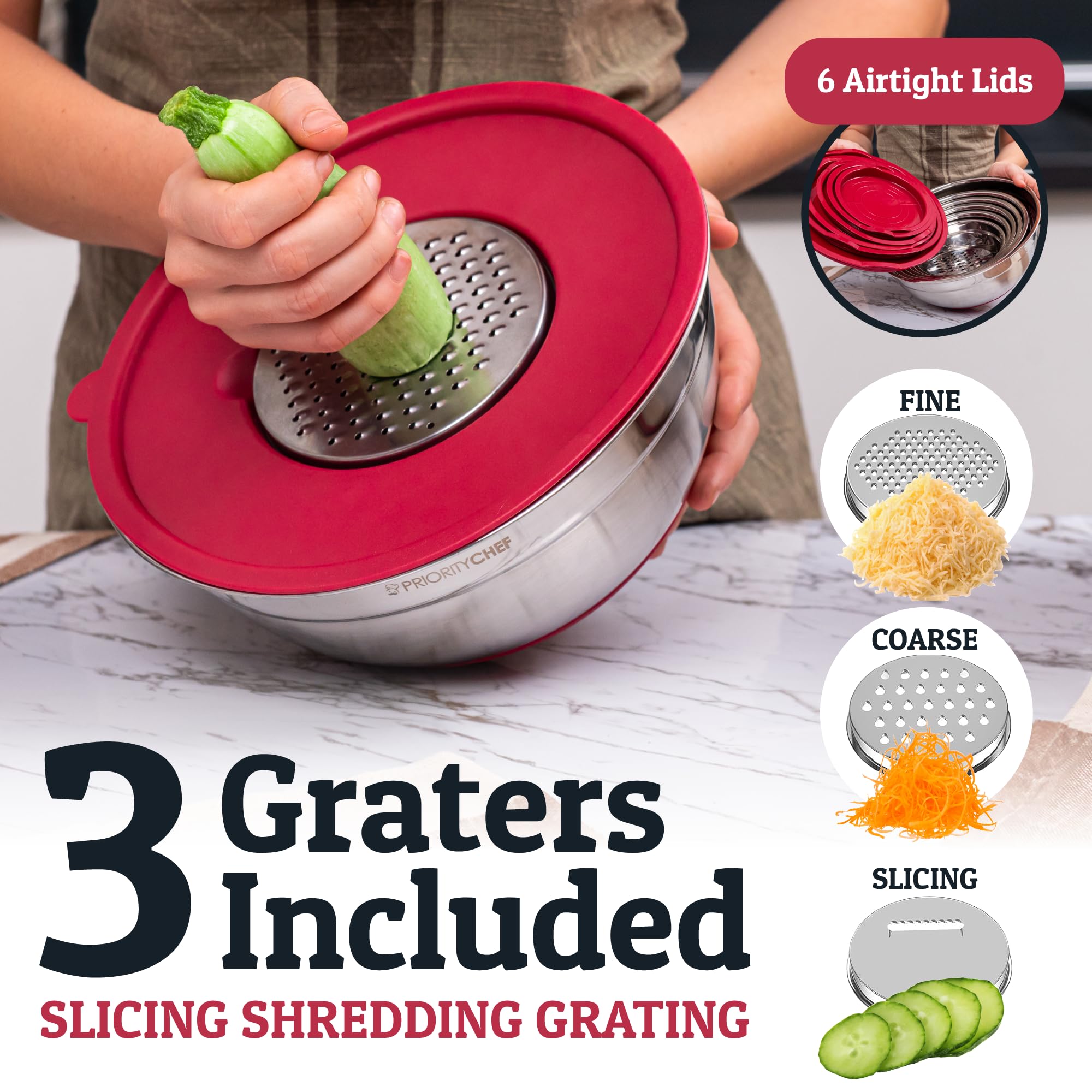 Priority Chef bowls with three steel graters speed prep in the same bowl.