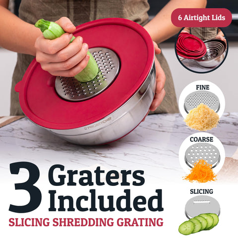 Priority Chef bowls with three steel graters speed prep in the same bowl.