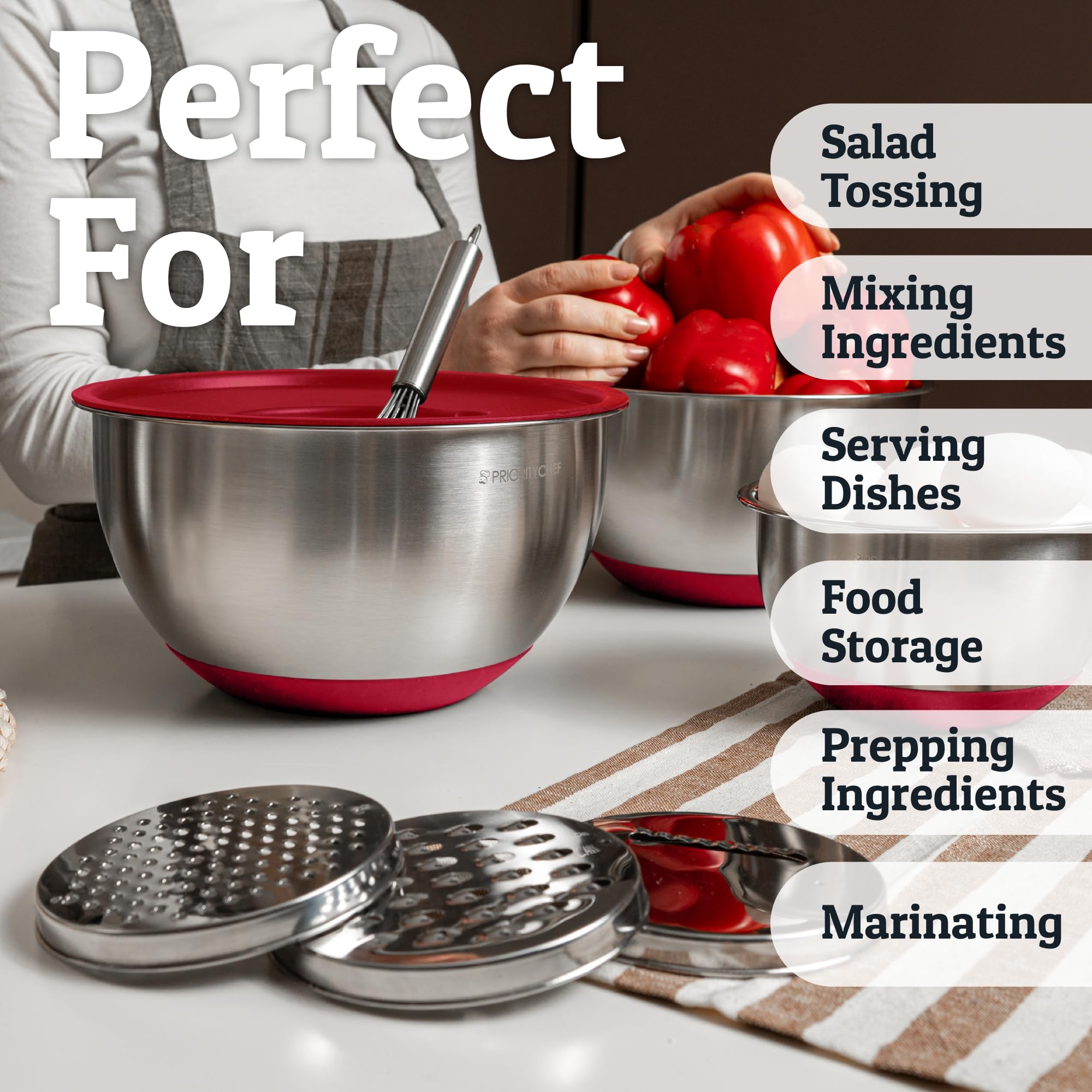 Priority Chef red dishwasher-safe bowls simplify cleanup after cooking