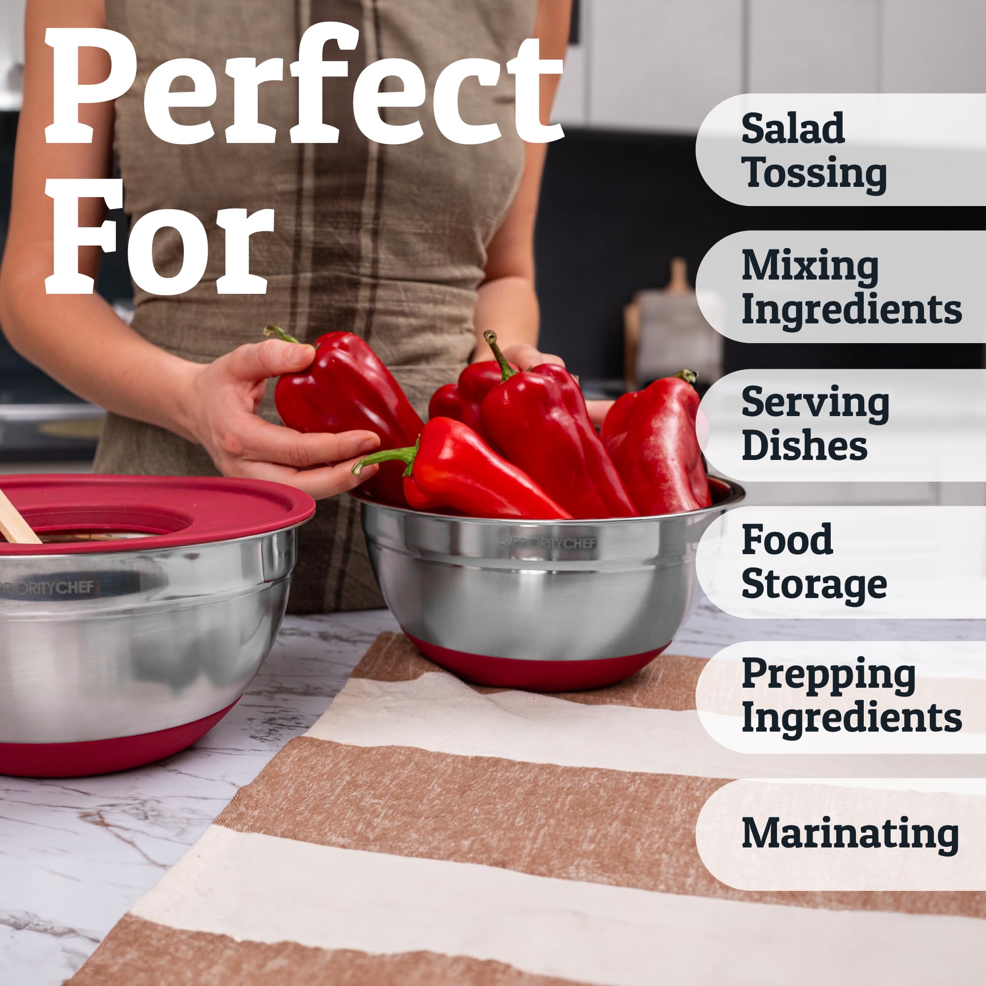 Priority Chef bowls feature internal measurement marks for quick, accurate mixing.