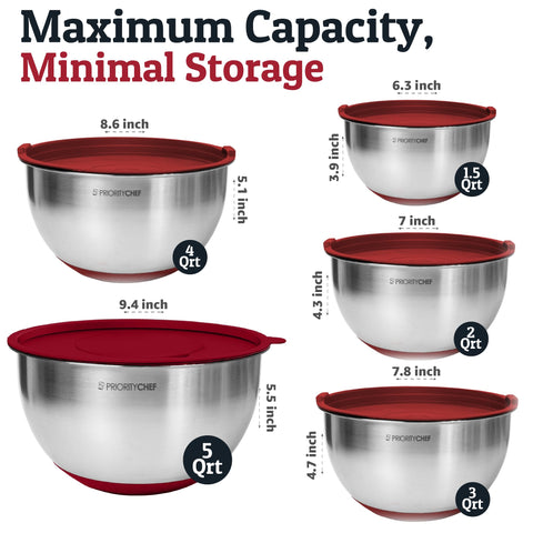 Priority Chef red mixing bowls with lids for airtight storage and freshness