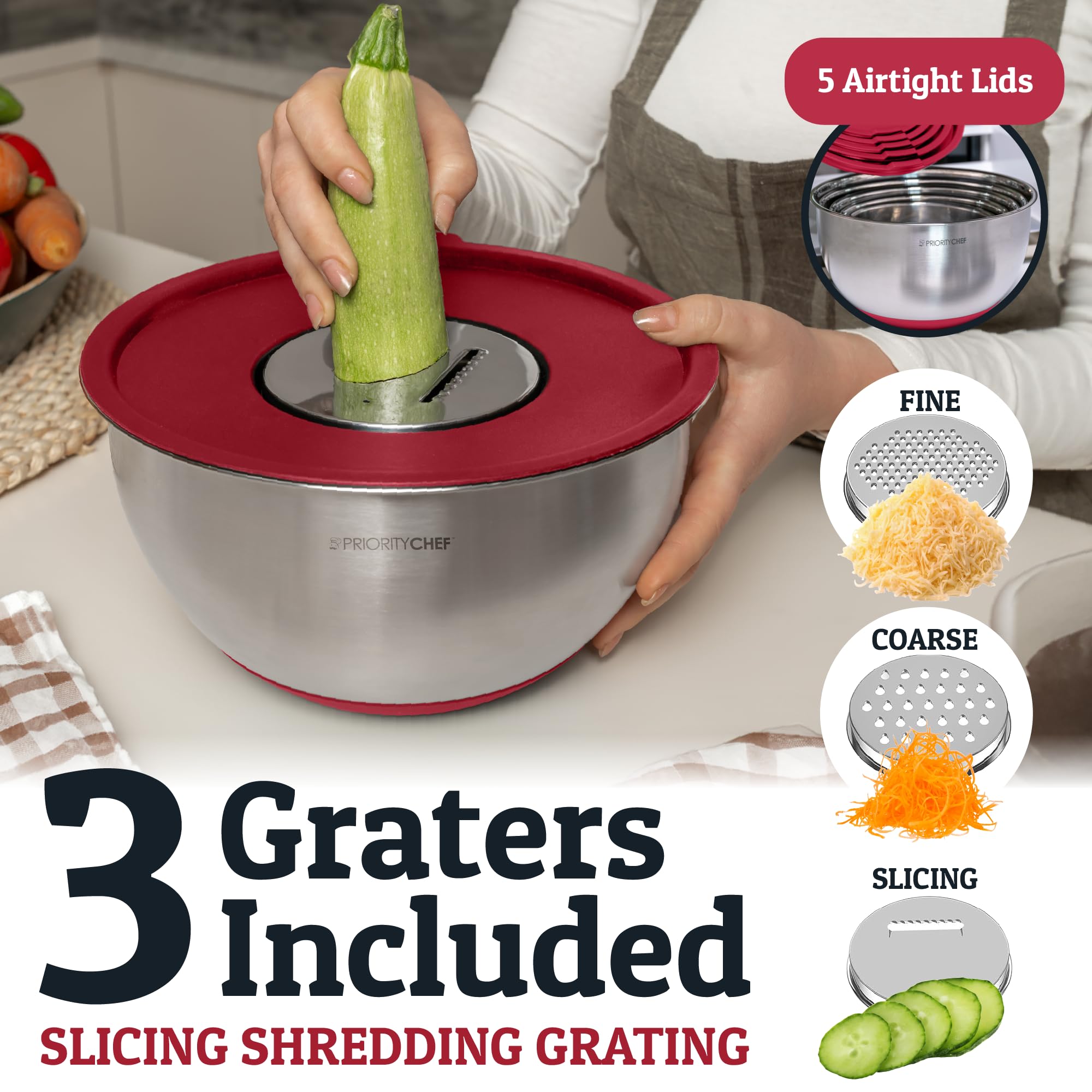 Priority Chef red non-slip silicone base keeps bowls steady during mixing
