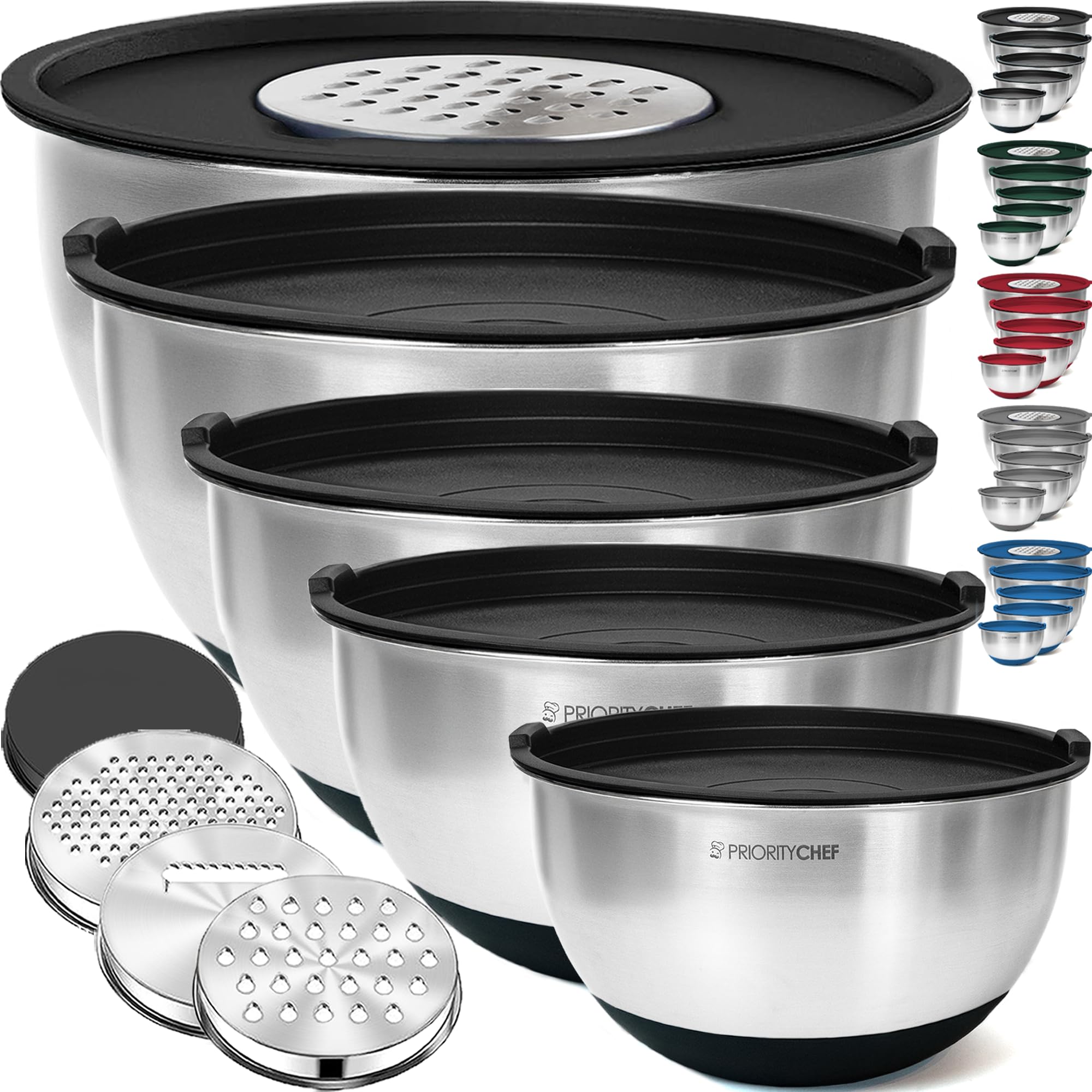Priority Chef stainless steel mixing bowls set with five sizes and lids for organized prep