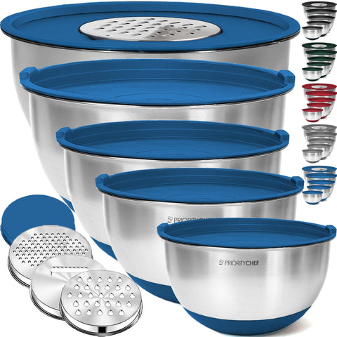 Priority Chef stainless steel mixing bowls with lids in a full 5-piece set for versatile prep.