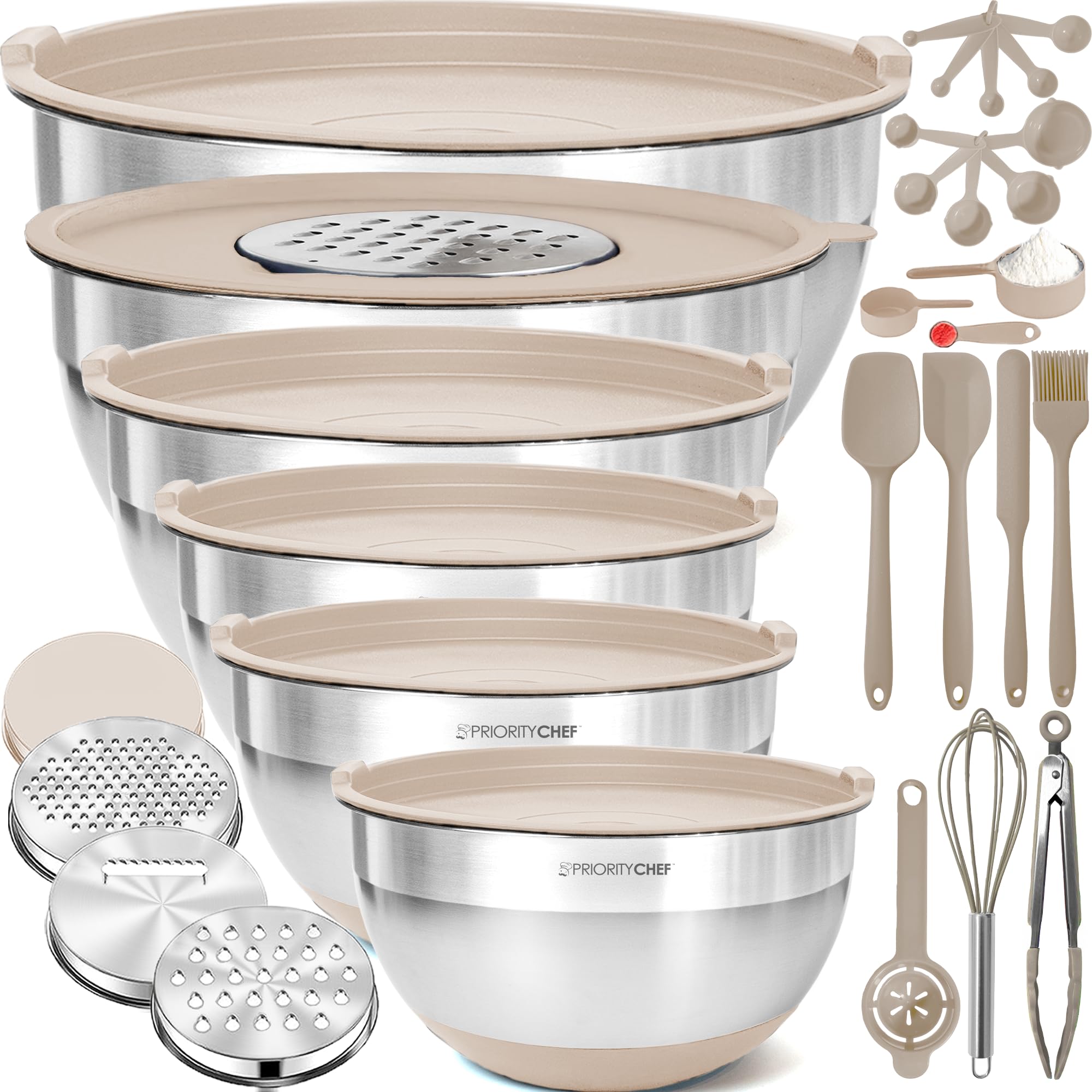 Priority Chef stainless steel bowls with lids, 6-piece set, ideal for meal prep and fridge storage.