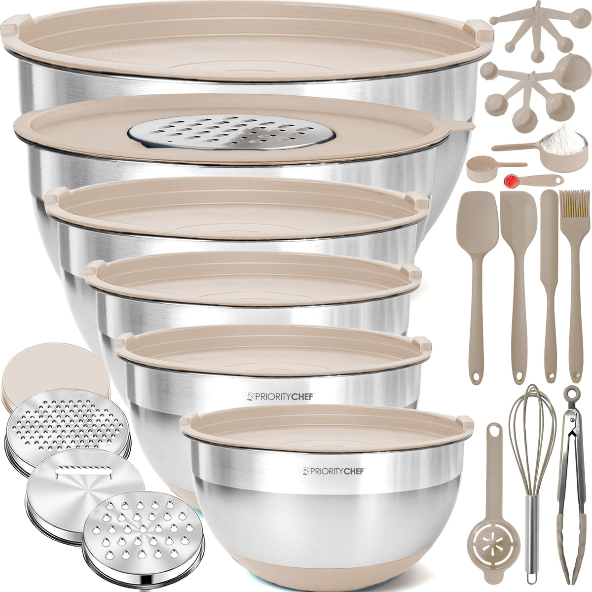 Priority Chef stainless steel bowls with lids, 6-piece set, ideal for meal prep and fridge storage.