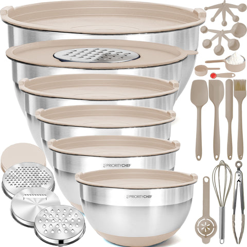 Priority Chef stainless steel bowls with lids, 6-piece set, ideal for meal prep and fridge storage.