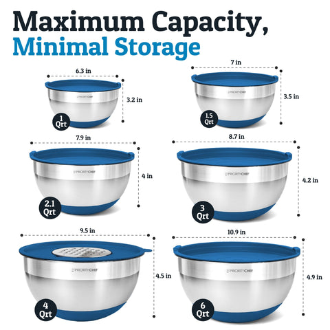 Priority Chef stainless steel mixing bowls in blue shine during prep.