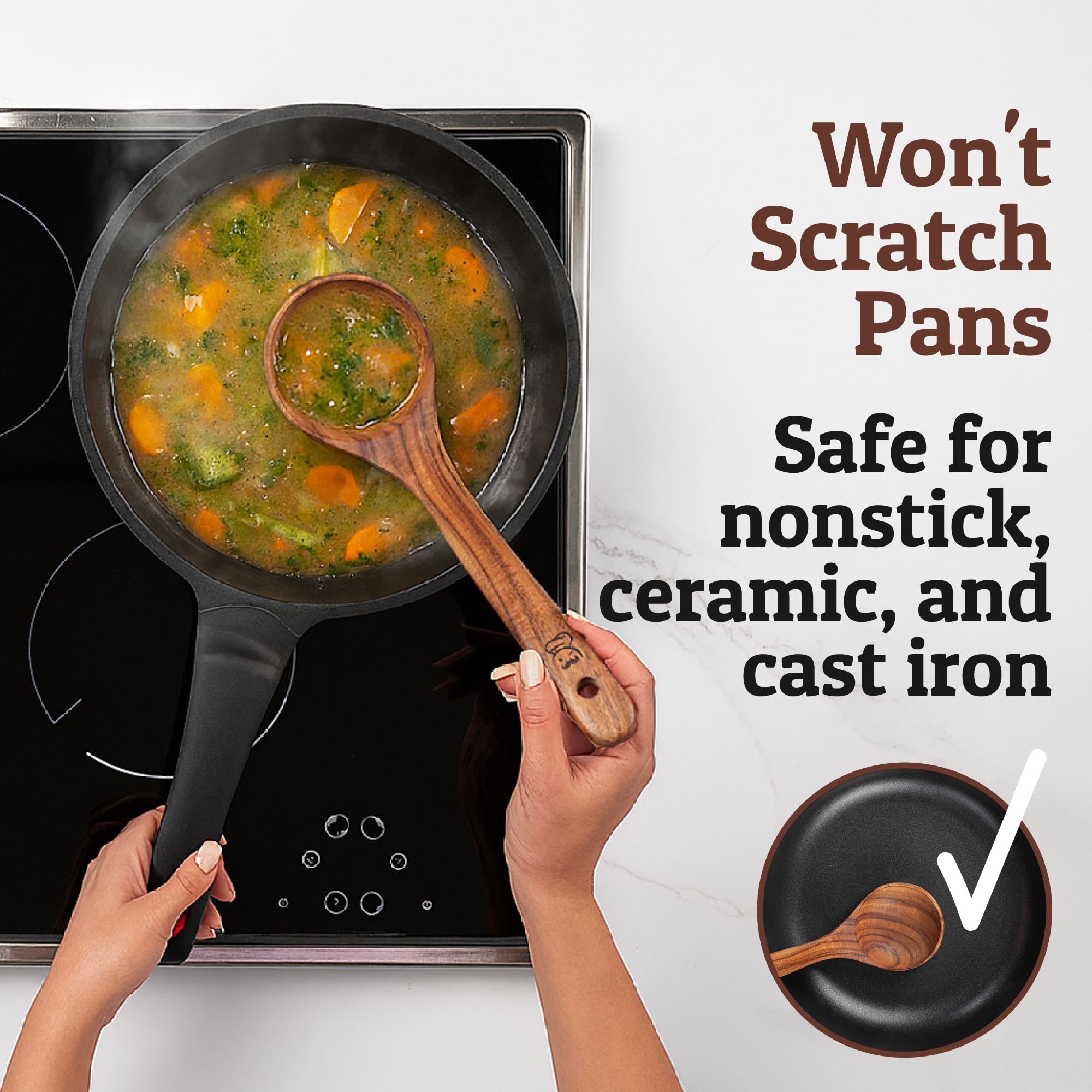 Priority Chef teak ladle long-handle reaching into deep pots safely