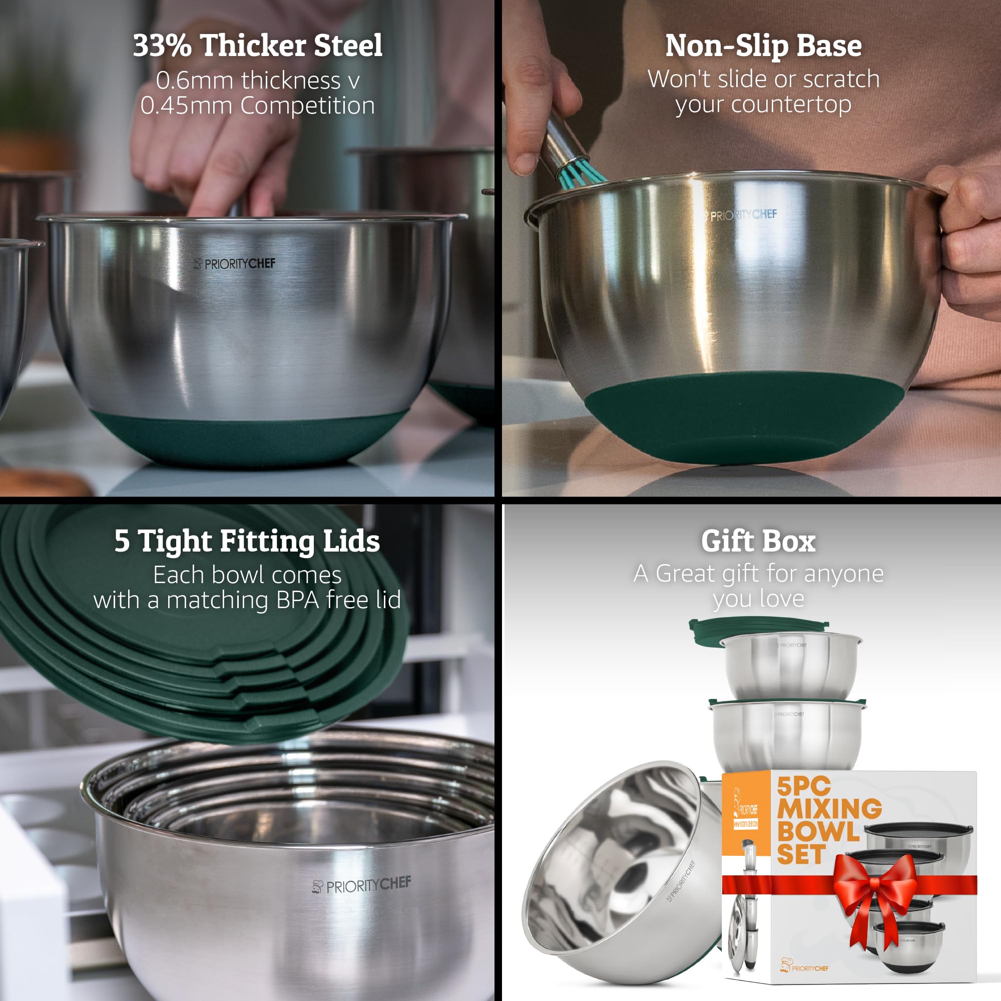 Priority Chef thicker stainless steel bowls highlighting durable construction