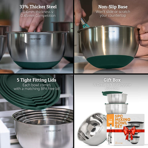 Priority Chef thicker stainless steel bowls highlighting durable construction